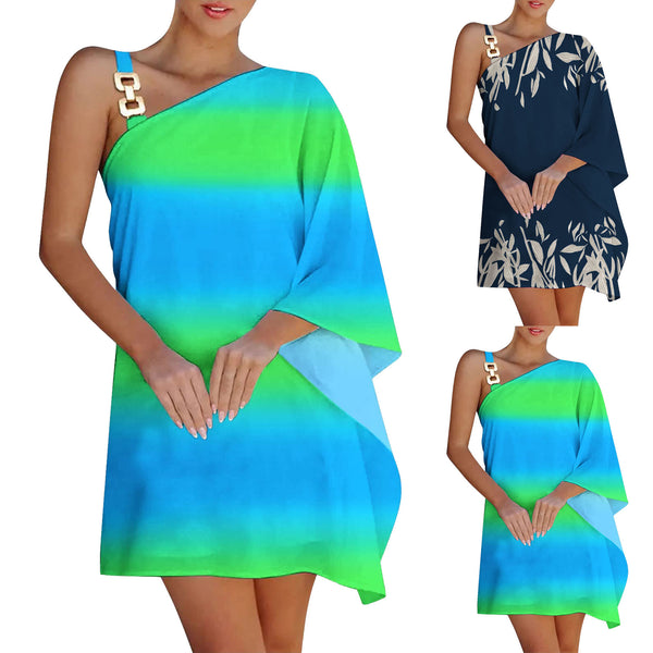 Women's Printed Chain Strap Half Off-shoulder Dress
