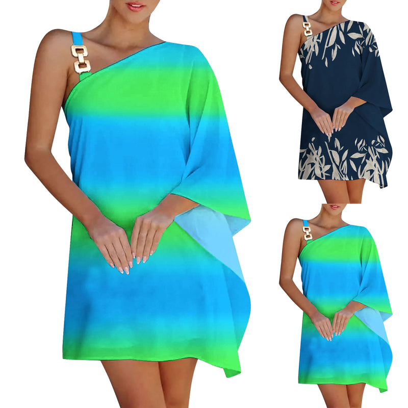 Women's Printed Chain Strap Half Off-shoulder Dress