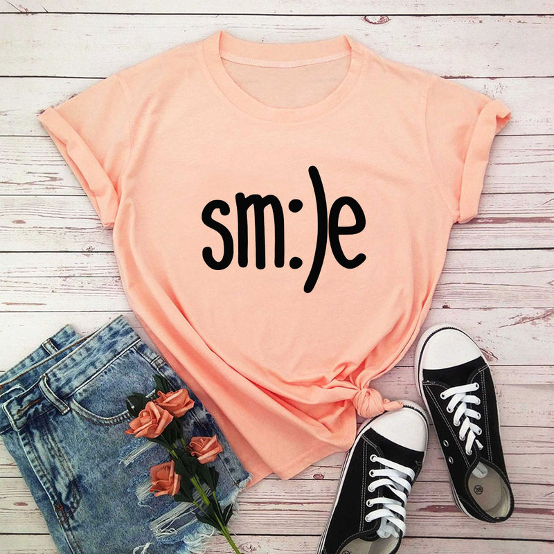 S-5XL Plus Size TShirt Women New Smile Letter Printed Shirt O Neck Short Sleeve Tees Summer Top 100%cotton Women's T-shirts