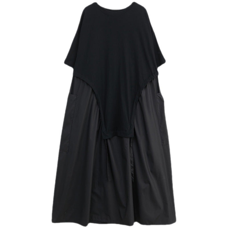 Loose Round Neck T-shirt Stitching Drawstring Large Pocket Mid-length Dress