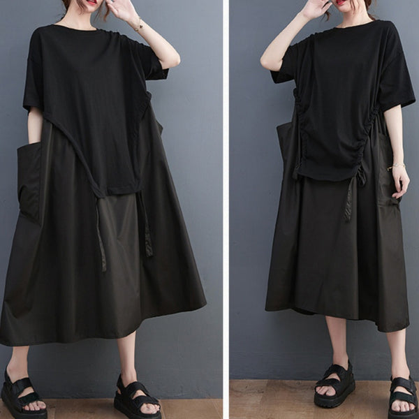 Loose Round Neck T-shirt Stitching Drawstring Large Pocket Mid-length Dress