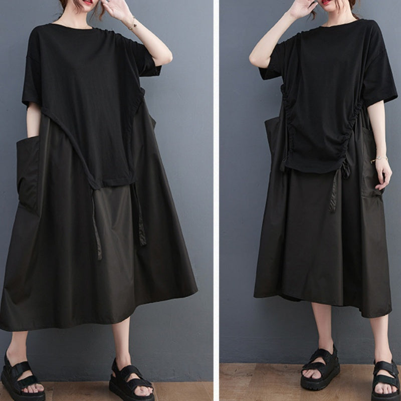 Loose Round Neck T-shirt Stitching Drawstring Large Pocket Mid-length Dress