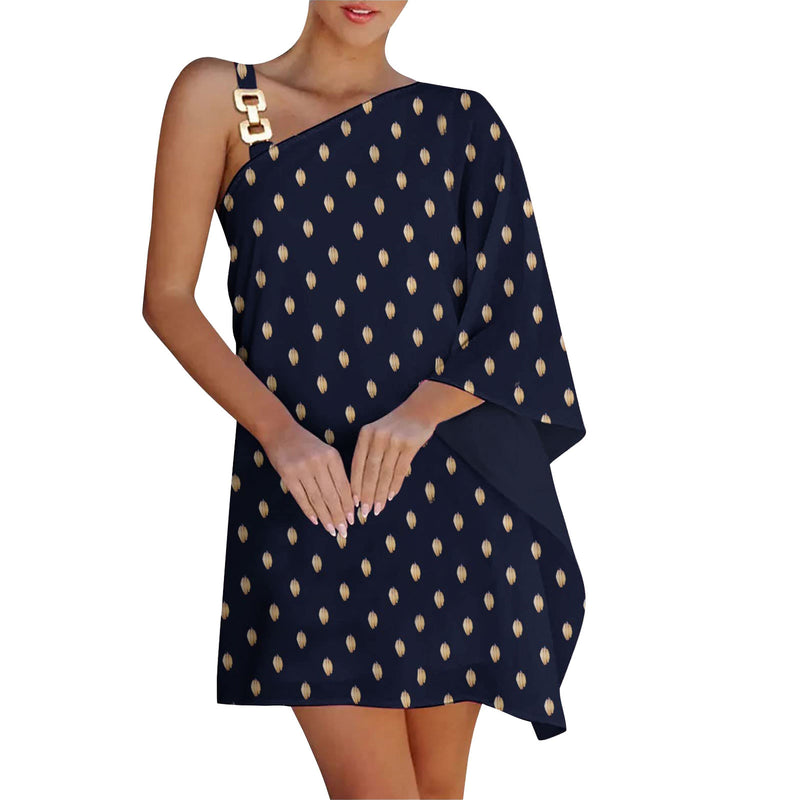 Women's Printed Chain Strap Half Off-shoulder Dress