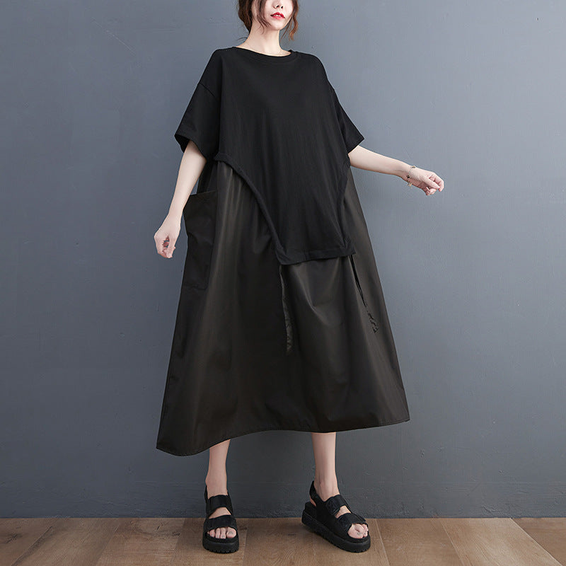 Loose Round Neck T-shirt Stitching Drawstring Large Pocket Mid-length Dress