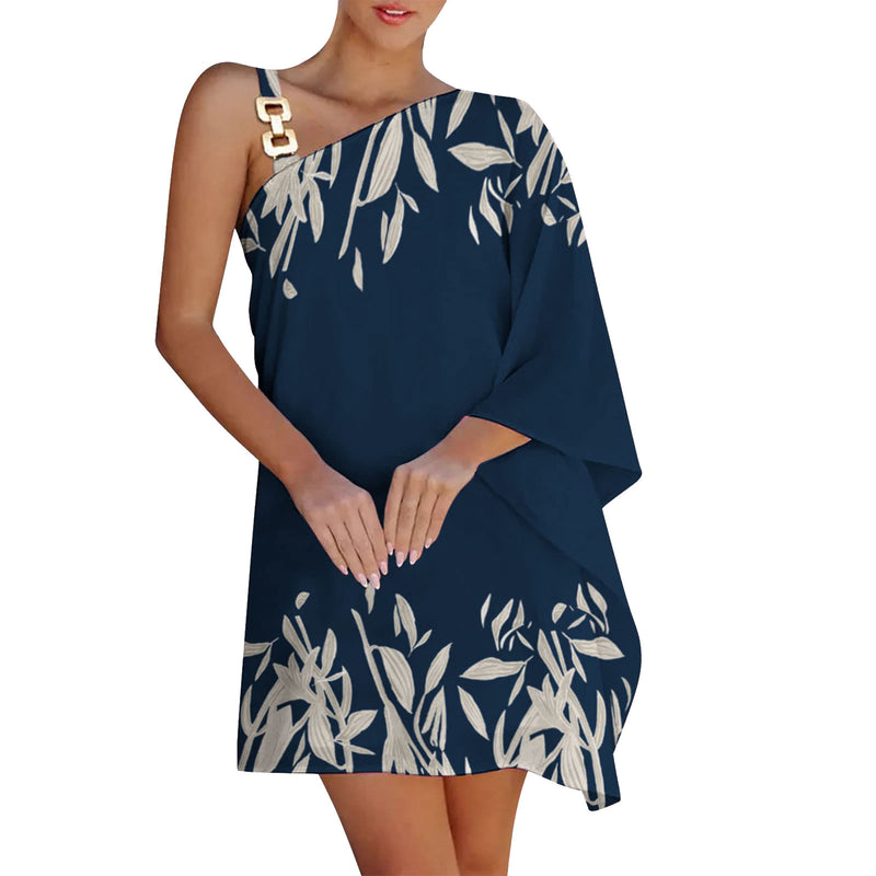 Women's Printed Chain Strap Half Off-shoulder Dress