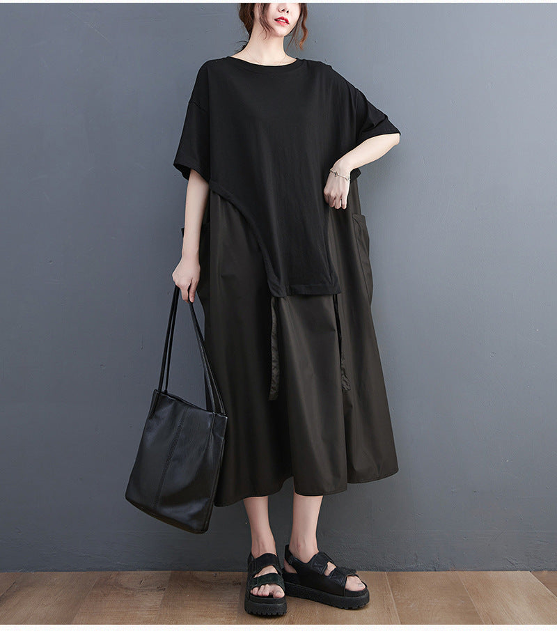 Loose Round Neck T-shirt Stitching Drawstring Large Pocket Mid-length Dress