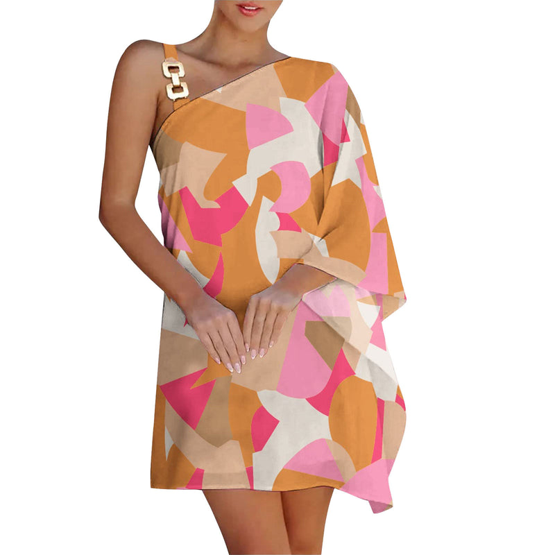 Women's Printed Chain Strap Half Off-shoulder Dress