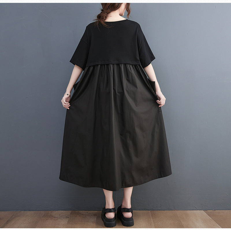 Loose Round Neck T-shirt Stitching Drawstring Large Pocket Mid-length Dress