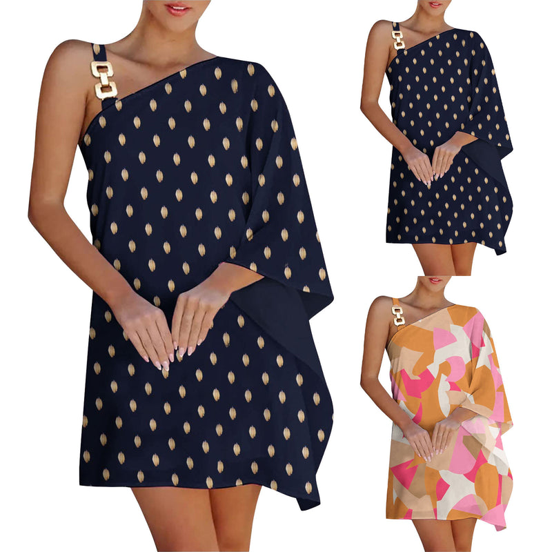 Women's Printed Chain Strap Half Off-shoulder Dress