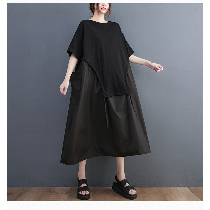 Loose Round Neck T-shirt Stitching Drawstring Large Pocket Mid-length Dress