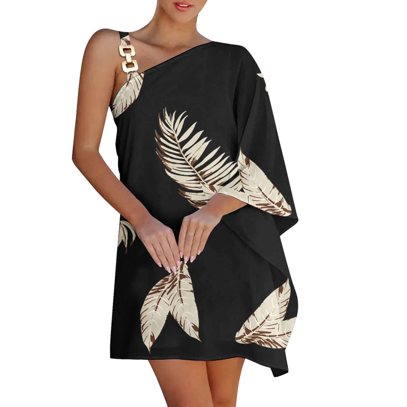 Women's Printed Chain Strap Half Off-shoulder Dress